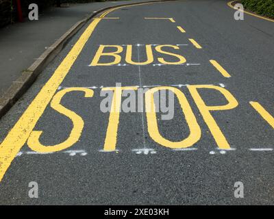 La fermata dell'autobus di colore giallo è stata recentemente dipinta e segnaletica su una stretta strada rurale asfaltata nera Foto Stock