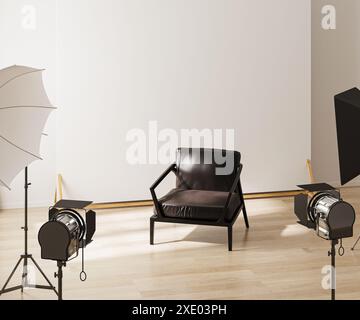 Interno di un moderno studio fotografico con attrezzature professionali per l'illuminazione Foto Stock