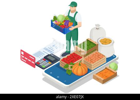 Vendita online di frutta e verdura. Isometric Farmer vende frutta fresca e verdure. Prodotti freschi naturali. Venditore e concetto di marketing. Agricoltore Illustrazione Vettoriale