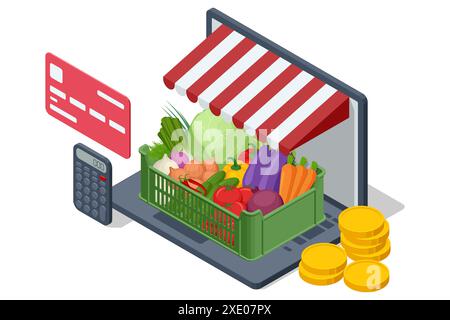 Vendita online di frutta e verdura. Isometric Farmer vende frutta fresca e verdure. Prodotti freschi naturali. Venditore e concetto di marketing. Agricoltore Illustrazione Vettoriale