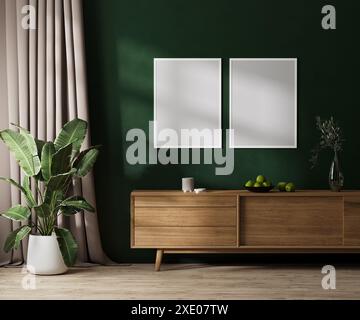 Due telai a poster vuoti ripresi su una parete verde con luce solare, interni moderni con mobili in legno, tende e piante in po Foto Stock