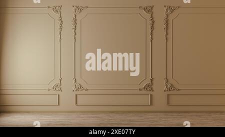 Parete beige con modanature in stile classico e pavimento in legno, interni vuoti, rendering 3d. Foto Stock