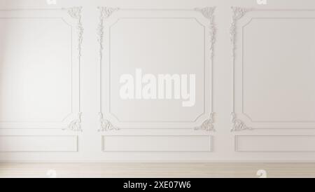 Pareti bianche con modanature in stile classico e pavimento in legno, interni vuoti, rendering 3d. Foto Stock