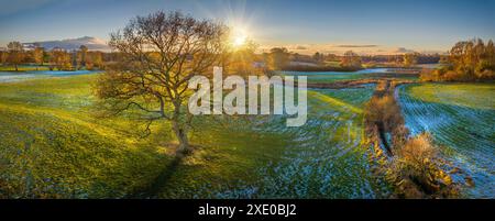 Splendido panorama autunnale dorato con querce, prati fluviali in un paesaggio coperto. Autunno l Foto Stock