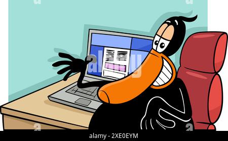 Illustrazione a cartoni animati di un simpatico animale d'anatra nera con un computer portatile dietro la scrivania Illustrazione Vettoriale