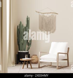 Poltrona bianca con tavolino vicino alla finestra in stile boho, sfondo interno in macrame ob beige, rendering 3d. Foto Stock