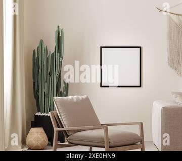 Mock-up cornice quadrata per poster con sfondo interno boho con parete beige, poltrona e cactus, illustrazione 3D. Foto Stock