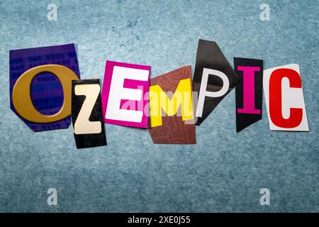 Il farmaco "Ozempic" scritto in tipografia stile riscatto, USA 2024 Foto Stock