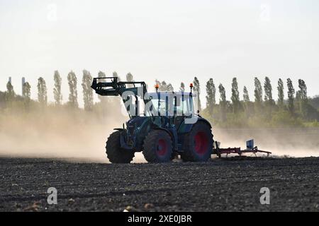 Nach langer Diskussion haben sich die Ampelfraktionen auf ein Gesetzespaket geeinigt, das die Landwirtschaft in Deutschland staerken soll. Themenbild Duerre: Anhaltende Trockenheit- Gefahr einer neuen Duerre waechst. Sollte es in den kommenden zwei bis drei Wochen nicht kraeftig regnen, droht der Landwirtschaft eine Missernte. Ein Traktor mit Egge zerkleinert auf einem Acker bei Feldkirchen -oestlich von Muenchen-bei anhaltender Trockenheit Erdschollen-es staubt, Staub. *** Dopo una lunga discussione, le fazioni del semaforo hanno concordato un pacchetto di leggi per rafforzare l'agricoltura in Germania Foto Stock