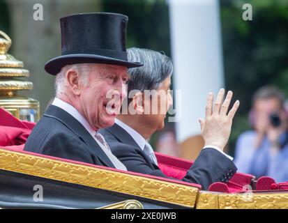 Londra, Inghilterra, Regno Unito. 25 giugno 2024. Re CARLO III e l'Imperatore del Giappone NARUHITO sono visti sul Mall durante la processione cerimoniale che inizia la visita di stato dell'imperatore. (Credit Image: © Tayfun Salci/ZUMA Press Wire/Alamy Live News) SOLO PER USO EDITORIALE! Non per USO commerciale! Foto Stock