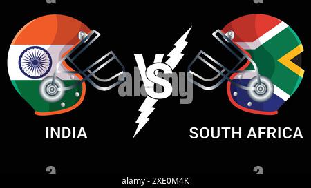 India vs Sudafrica bandiere vettoriali con illustrazione 3D sopra il casco da cricket per la partita contro sfondo nero Illustrazione Vettoriale