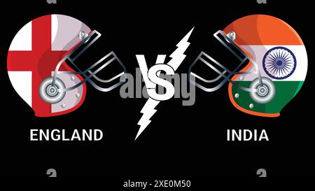 Inghilterra vs India 3D illustrazione Vector Flags Over Cricket Helmet for Versus Match with Black background Illustrazione Vettoriale