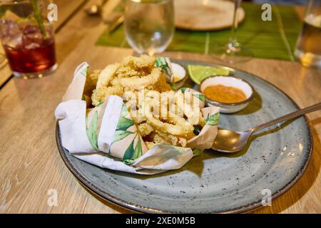 Piatto grigio con anelli di calamari, impanati e fritti, piatti tipici dell'Andalusia (Spagna, Europa) su tavola di legno del ristorante pronto da mangiare Foto Stock