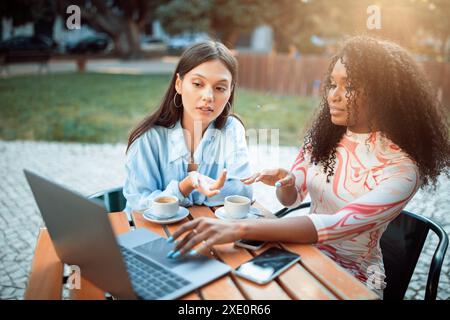Due donne che discutono di affari mentre utilizzano notebook e telefono Foto Stock