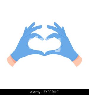 Medici in guanti in nitrile che tengono le mani in un cartello d'amore, le dita fanno un'illustrazione vettoriale del cuore Illustrazione Vettoriale
