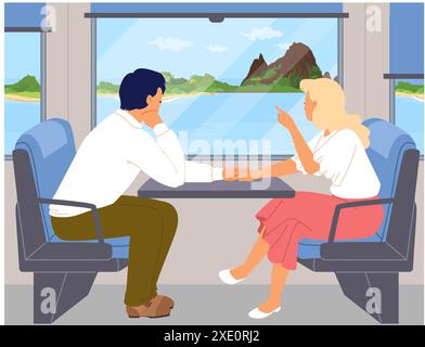 Felice coppia di personaggi cartoni animati che viaggiano in un'illustrazione vettoriale del treno Illustrazione Vettoriale