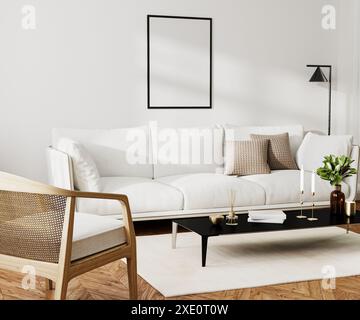 Cornice vuota per poster riprodotta in stile interno del soggiorno di casa con divano bianco e tavolino da caffè con arredamento, rendering 3d. Foto Stock