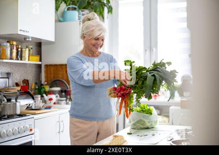Senior donna preparazione insalata di verdure in cucina a casa Foto Stock