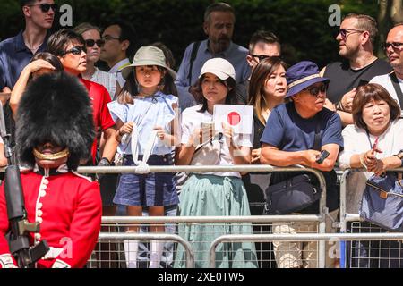 Londra, Regno Unito. 25 giugno 2024. Gli spettatori attendono le carrozze. L'Imperatore Naruhito e l'Imperatrice Masako del Giappone sono in visita di stato di tre giorni nel Regno Unito. Riceveranno un benvenuto cerimoniale alla Horse Guards Parade, accompagnati dal tradizionale giro in carrozza fino al Mall insieme a re Carlo III, regina Camilla e Guglielmo, il Principe di Galles. Crediti: Imageplotter/Alamy Live News Foto Stock