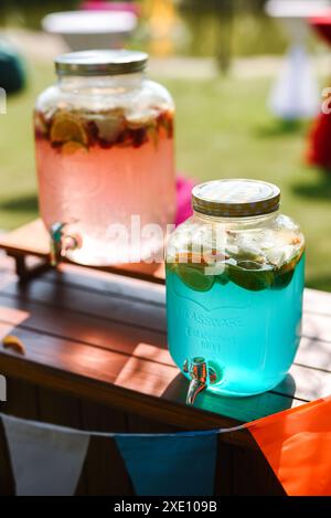 Buffet di benvenuto con bevande alcoliche e spuntini Foto Stock