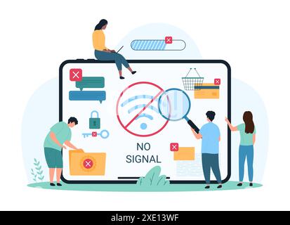 Internet offline, segnale di rete debole o assente. Le persone di piccole dimensioni con lente di ingrandimento esaminano il messaggio di errore di connessione wireless errata sullo schermo del tablet, accedono all'illustrazione vettoriale del cartone animato Illustrazione Vettoriale