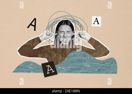Collage fotografico composito di stressata ragazza arrabbiata orecchie chiuse rumore annegamento ragazza depressione acqua burnout conflitto isolato su sfondo dipinto Foto Stock