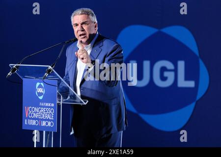 Roma, Italia. 25 giugno 2024. Luigi Sbarra CISL in occasione del 5 congresso confederale UGL, a Roma, Martedì 25 giugno 2024 (foto Mauro Scrobogna/LaPresse) Luigi Sbarra CISL in occasione del 5° congresso confederale UGL, a Roma, martedì 25 2024 giugno (foto di Mauro Scrobogna/LaPresse) credito: LaPresse/Alamy Live News Foto Stock