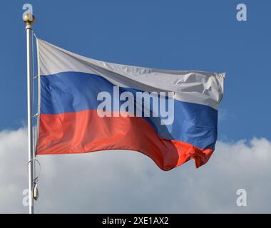 La bandiera della Federazione Russa su un palo, svolazzando nel vento, contro il cielo Foto Stock