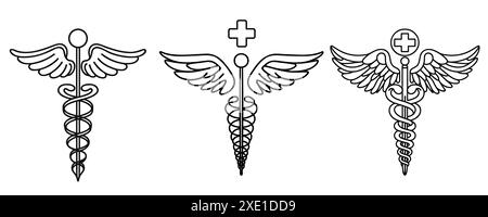 Simbolo medico caduceo. Disegno continuo di una linea su sfondo bianco. Illustrazione vettoriale. Illustrazione Vettoriale