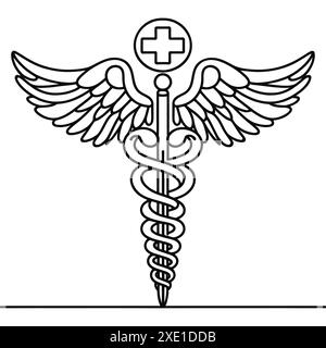 Simbolo medico caduceo. Disegno continuo di una linea su sfondo bianco. Illustrazione vettoriale. Illustrazione Vettoriale