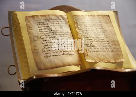 "Glosas Emilianenses' primi esempi di scrivere in spagnolo e basco, monastero di Yuso, San Millan de la Cogolla, La Rioja, Spagna Foto Stock