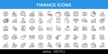 Set di icone finanziarie e business line. Pacchetto di icone con contorno sottile Illustrazione Vettoriale