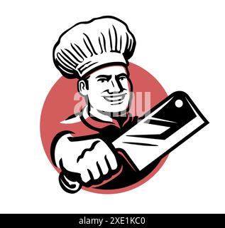 Il logo del macellaio per il design. Chef con un emblema di coltello a base di carne. Illustrazione vettoriale Illustrazione Vettoriale