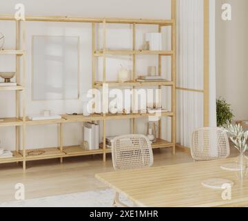 Interno del soggiorno con tavolo da pranzo, scaffali con arredamento, mockup con cornice a poster vuota, rendering 3d. Foto Stock