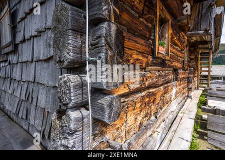 Weißalm. Legno esposto alle piogge grigio. Se il legno è protetto dalla pioggia sotto un tetto, diventa marrone rossastro al sole. Fai un'escursione sull'Almenweg attraverso il Salzburgerland. Fai un'escursione sull'Almenweg attraverso Salzburgerland, Großarl, Salisburgo, Austria Foto Stock