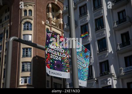 Madrid, Spagna. 25 giugno 2024. Poster installati dal Consiglio comunale di Madrid in occasione delle festività dell'orgoglio che si celebreranno nella capitale spagnola nei prossimi giorni. Credito: Mr. Canales Carvajal/Alamy Live News Foto Stock