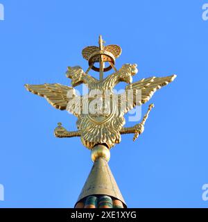 Aquila a doppia testa - stemma della Federazione Russa sulla guglia della porta della Resurrezione nel Cremlino di Mosca, Russia Foto Stock