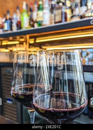 Sorseggiando un bicchiere di vino di prima qualità alla trump Tower di chicago Foto Stock