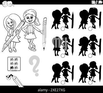 Gioco di ombre educative con due ragazze e matite colorare pagina Foto Stock