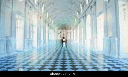 Illustrazione creativa della galleria Reggia di Venaria reale - Italia. Marmo di lusso in palazzo barocco Foto Stock