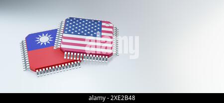 rendering 3d di chip microchip o semiconduttori nei paesi bandiera, per la supply chain informatica o tecnologica. Foto Stock