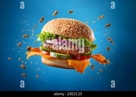 Hamburger che vola su sfondo blu, immagine fotorealistica generata dalla rete neurale Foto Stock