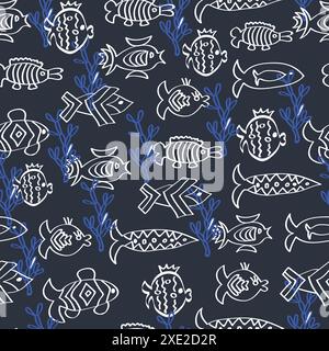 Motivo vettoriale senza cuciture argomento marina nautilus con contorno di pesci bianchi e acqua su sfondo scuro Illustrazione Vettoriale
