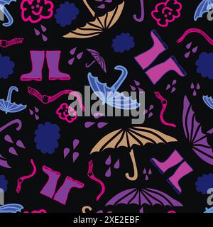 Motivo vettoriale senza cuciture con gocce di pioggia, ombrelli, condizioni meteorologiche in autunno Illustrazione Vettoriale