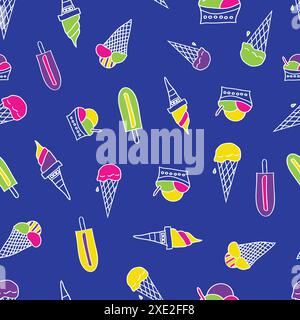 Fantasia senza cuciture con diversi tipi di gelato. Consistenza doodle con dessert dolci. Sfondo perfetto per il menu del bar o del ristorante. Modello per d Illustrazione Vettoriale