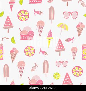 Motivo vettoriale, consistenza estiva con gelato, sbocchi di limone, pesci, limonata, pesce, elegante combinazione rosa e giallo. Colori pastello. Illustrazione Vettoriale