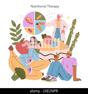 Concetto di terapia nutrizionale. Abitudini alimentari sane e pianificazione della dieta personale con diversi alimenti integrali. Approccio olistico alla salute con prodotti biologici colorati. Illustrazione vettoriale. Illustrazione Vettoriale