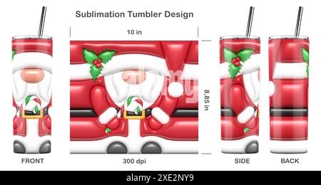 Natale divertente Babbo Natale. Design a sublimazione a bolle gonfiate in 3D per un bicchiere sottile da 20 once. Illustrazione della sublimazione. Senza cuciture da bordo a bordo. Foto Stock