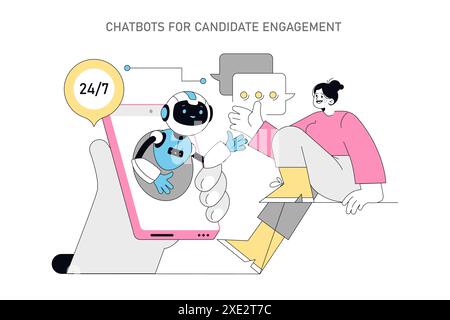Concetto di reclutamento AI. Un chatbot assiste un candidato, fornendo un coinvolgimento e un supporto 24 ore su 24, 7 giorni su 7 in uno scenario di risorse umane. Illustrazione vettoriale. Illustrazione Vettoriale