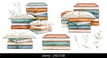 Set di libri con piante e fiori bianchi acquerello illustrazione disegnata a mano isolata sullo sfondo. Aprire e impilare i libri color marrone verde Foto Stock